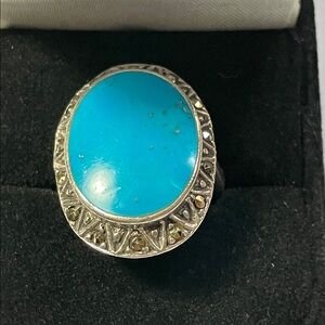 Sterling Silver,Marcasite, and Turquoise Large Ring size 6.5
